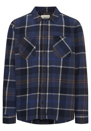 Marine plaid skjorte i blødt stof med grå og brune accenter. Har knaplukning foran, to brystlommer og lange ærmer.