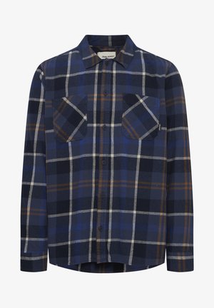 Camicia a quadri blu in tessuto morbido con dettagli grigi e marroni. Presenta una chiusura con bottoni, due tasche sul petto e maniche lunghe.