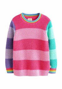 Strickpullover mit mehrfarbigen Streifen: Pink, Lila, Petrol und Weiß, mit gerippten Bündchen und einem regenbogenstreifigen Halsauschnitt.
