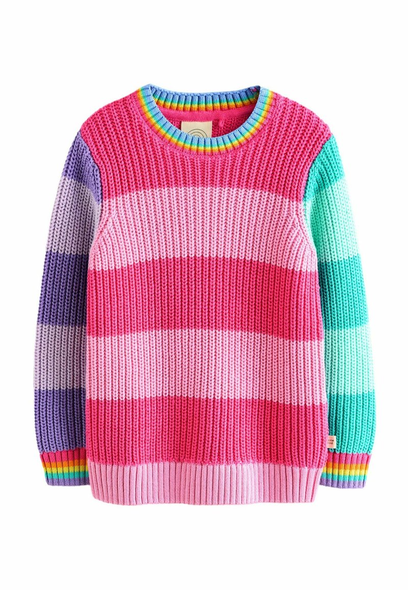 Strickpullover mit mehrfarbigen Streifen: Pink, Lila, Petrol und Weiß, mit gerippten Bündchen und einem regenbogenstreifigen Halsauschnitt.