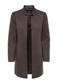 Abrigo largo marrón con un diseño minimalista, tejido texturizado, apertura frontal, bolsillos laterales y cuello con muesca. Interior forrado en un tono más oscuro.