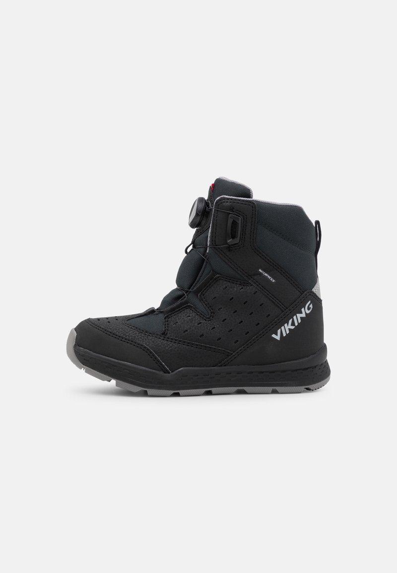 Black mid-height waterproof hiking boot with adjustable dial lacing system and textured sole, Viking brand logo on side.