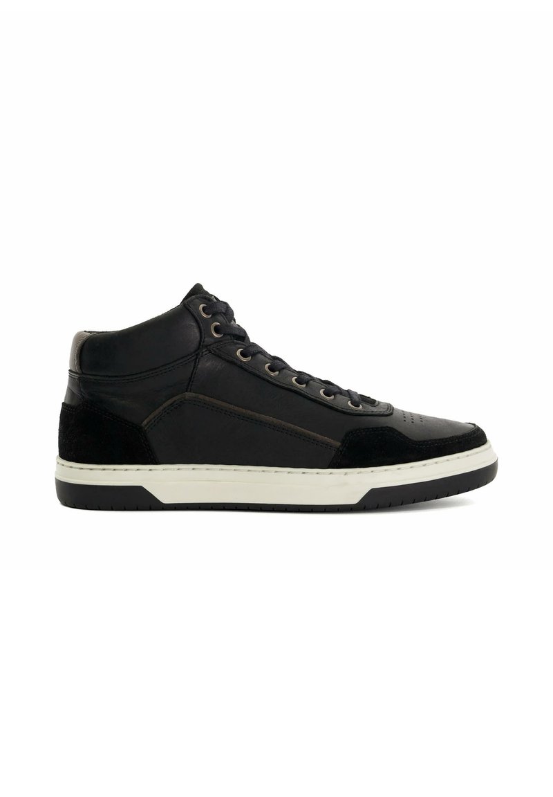 High-top sneaker in black leather and suede with white rubber sole. Features tonal stitching, lace closure, and textured accents.