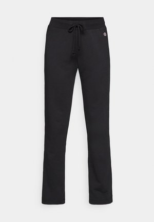 Black sweatpants made of soft material, featuring a drawstring waist, straight legs, and subtle logo detail on the upper side.