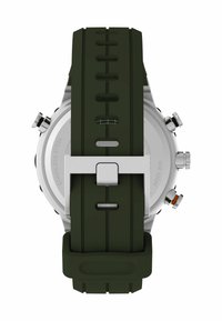 Vue arrière d'une montre chronographe argentée avec un bracelet en caoutchouc vert foncé et une boucle en métal, affichant les boutons latéraux et le boîtier en acier inoxydable.