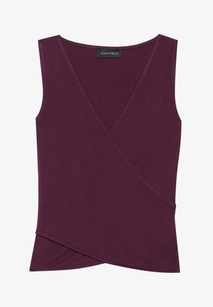 Taillierte, ärmellose Bluse in dunklem Burgunderrot. Verfügt über ein Wickeldesign und eine glatte Textur, mit einem subtilen Saumdetail und ohne sichtbare Beschläge.