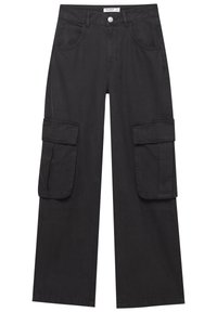 Zwarte cargobroek van katoen, met brede pijpen, twee grote zijzakken en een knoopsluiting in de taille.