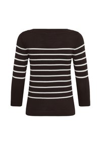 Pull noir à manches longues avec des rayures blanches horizontales sur la poitrine, les bras et le dos, avec un col rond.