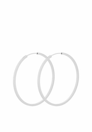 Kaks peent hõbedast metallist rõngast kõrvarõngad, millel on turvalised sulgurid valgel taustal.