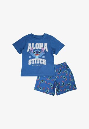Ensemble pour enfants bleu composé d'un haut à manches courtes et d'un short, avec le personnage Stitch et le texte « ALOHA STITCH » sur le haut.