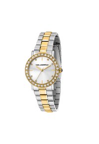 Orologio argento e oro con quadrante rotondo, cornice in cristallo scintillante e bracciale metallico con maglie alternate in oro e argento.