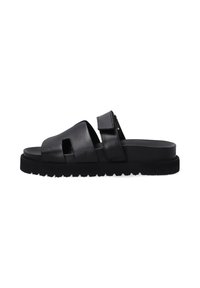 Sorte læder slide sandaler med et struktureret stropdesign, åben tå og en tykk ridsede sål. Har en sikker justerbar strop.