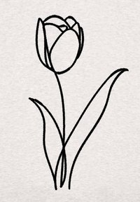 Disegno a linea nera di un tulipano su uno sfondo grigio chiaro, con forme semplici per i petali e le foglie e dettagli minimi.