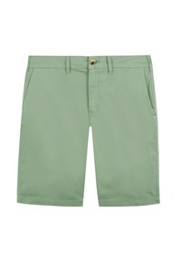 Pantalones cortos de color verde claro, confeccionados en una tela suave, con cierre de botón, bolsillos laterales y trabillas para cinturón. Corte recto sin estampados.