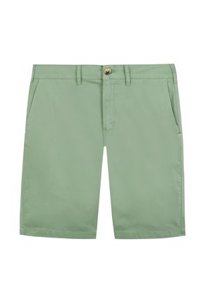 Shorts verde chiaro realizzati in tessuto liscio, con chiusura a bottone, passanti per cintura e tasche laterali. Taglio dritto senza motivi.