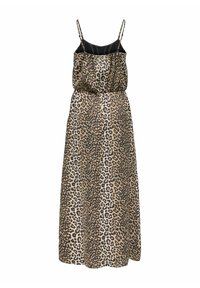Maxi haljina s leopard uzorkom koja ima tanke naramenice, skupljeni struk i glatku, laganu tkaninu s crnim podstavljanjem.