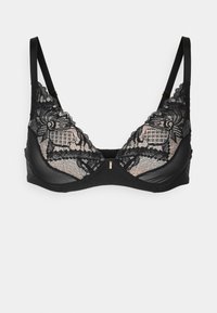 Black lace bra with triangular cups, sheer mesh overlay, and decorative floral patterns. Features adjustable straps and a small gold clasp.