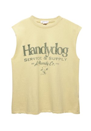 Ljusgul ärmlös t-shirt av bomull med gröntryckt text "Handydog Service & Supply" och en liten illustration av Snoopy.