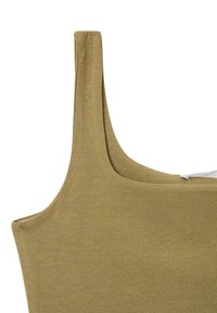 Top in verde oliva realizzato in tessuto a coste, caratterizzato da spalline larghe e scollo rotondo. Texture liscia con una silhouette aderente.