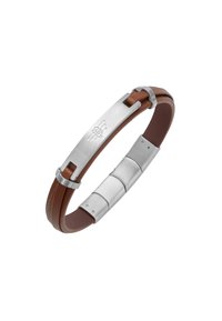 Bracciale in pelle marrone con dettagli in acciaio inossidabile; presenta una superficie liscia e un design inciso, che mostra una forma moderna e aerodinamica.