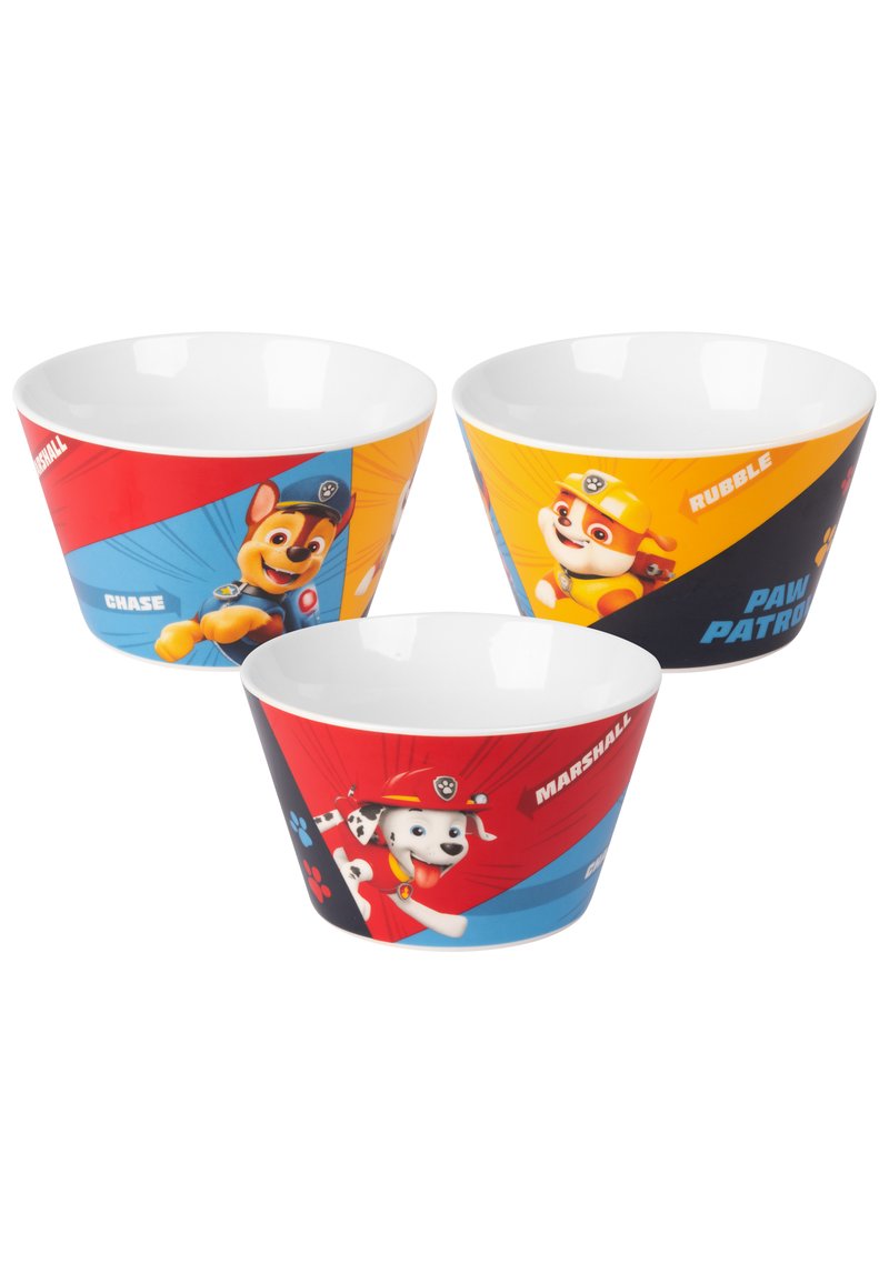 Set di tre ciotole in ceramica con vivaci personaggi di Paw Patrol. Ogni ciotola presenta una distinta combinazione di colori e un design grafico unico.
