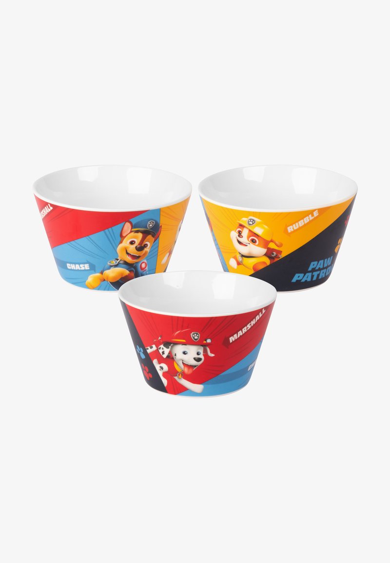 Set di tre ciotole in ceramica con vivaci personaggi di Paw Patrol. Ogni ciotola presenta una distinta combinazione di colori e un design grafico unico.