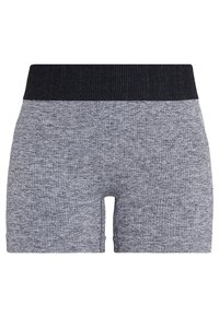 Šedé sportovní šortky vyrobené z texturované tkaniny s černým elastickým pasem a střihem do poloviny stehna. Na spodní části mají malý rozparek.