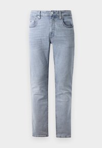 Hellblaue Jeans aus Denim mit geradem Bein, fünf Taschen und Knopfverschluss. Verfügt über dezente Ausbleichungen und eine strukturierte Oberfläche.