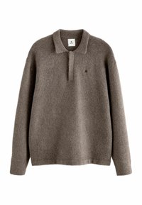 Brauner Wollmischpullover mit klassischem Kragen, langen Ärmeln und einem kleinen Logo auf der Brust. Weicher Stoff mit lockerer Passform.