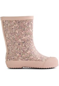 Botte de pluie en caoutchouc rose avec motif floral, surface texturée, bout arrondi et semelle durable dotée d'un relief pour une meilleure adhérence. Poignée sur le côté pour un enfilage facile.