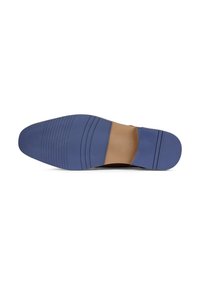Suola della scarpa con una parte inferiore in gomma blu caratterizzata da scanalature testurizzate e una sezione beige al centro. Forma piatta e ampia per garantire stabilità.