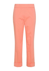 Pantaloni cropped color corallo chiaro con vita elasticizzata, orli arrotolati e superficie liscia, progettati per comfort e facilità d'uso.