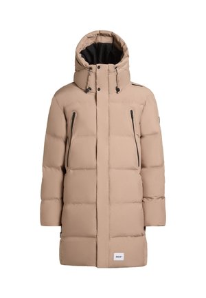 Beidzīga, pelēka ziemas mēteli ar kapuci, priekšējā rāvējslēdzēja aizsardzība ar pogu aizdari un divām vertikālām rāvējslēdzēju krūšu kabatām.