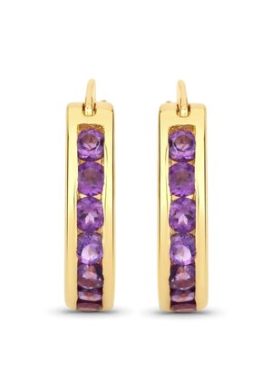 Boucles d'oreilles créoles en or, chacune ornée d'une rangée verticale de cinq pierres précieuses rondes violettes.