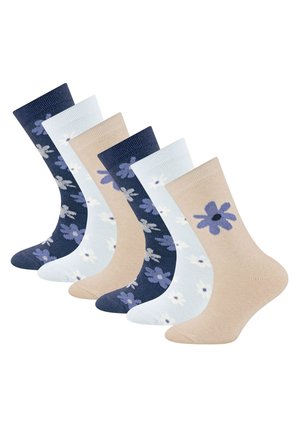 Six pairs of mid-calf socks in beige, light blue, and navy, each with purple and white floral patterns arranged in alternating colors.