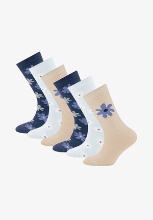 Six pairs of mid-calf socks in beige, light blue, and navy, each with purple and white floral patterns arranged in alternating colors.