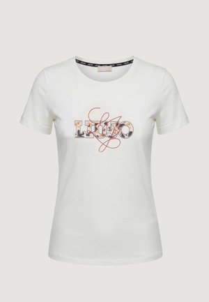 T-shirt bianca a maniche corte con logo testuale "Liu Jo" caratterizzato da una stampa mista floreale e animale e una sovrapposizione di cuciture rosse in corsivo sul davanti.