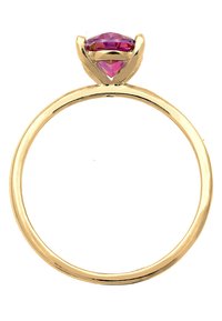 Guldring med en stor, facetteret rosa ædelsten i en kloindstilling. Ringen er glat og rund med en poleret finish.
