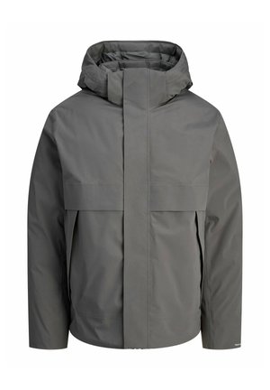 Graue wasserdichte Jacke mit hohem Kragen und großem Frontpaneel. Verfügt über eine Kapuze und ein schlankes Design für einen modernen Look.