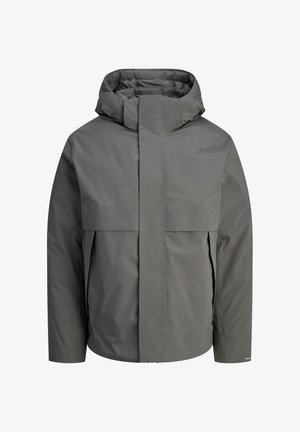 Graue wasserdichte Jacke mit hohem Kragen und großem Frontpaneel. Verfügt über eine Kapuze und ein schlankes Design für einen modernen Look.