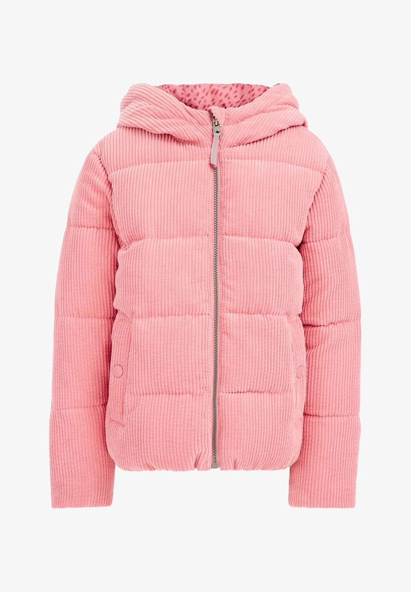 Růžová kordurová pufovaná bunda se zapínáním na zip, kapucí a bočními knoflíky. Obsahuje prošívané části a vzorovanou podšívku.