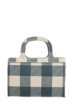 Borsa a spalla a quadri verde e crema realizzata in tessuto, dotata di due manici e di forma rettangolare con fondo piatto.