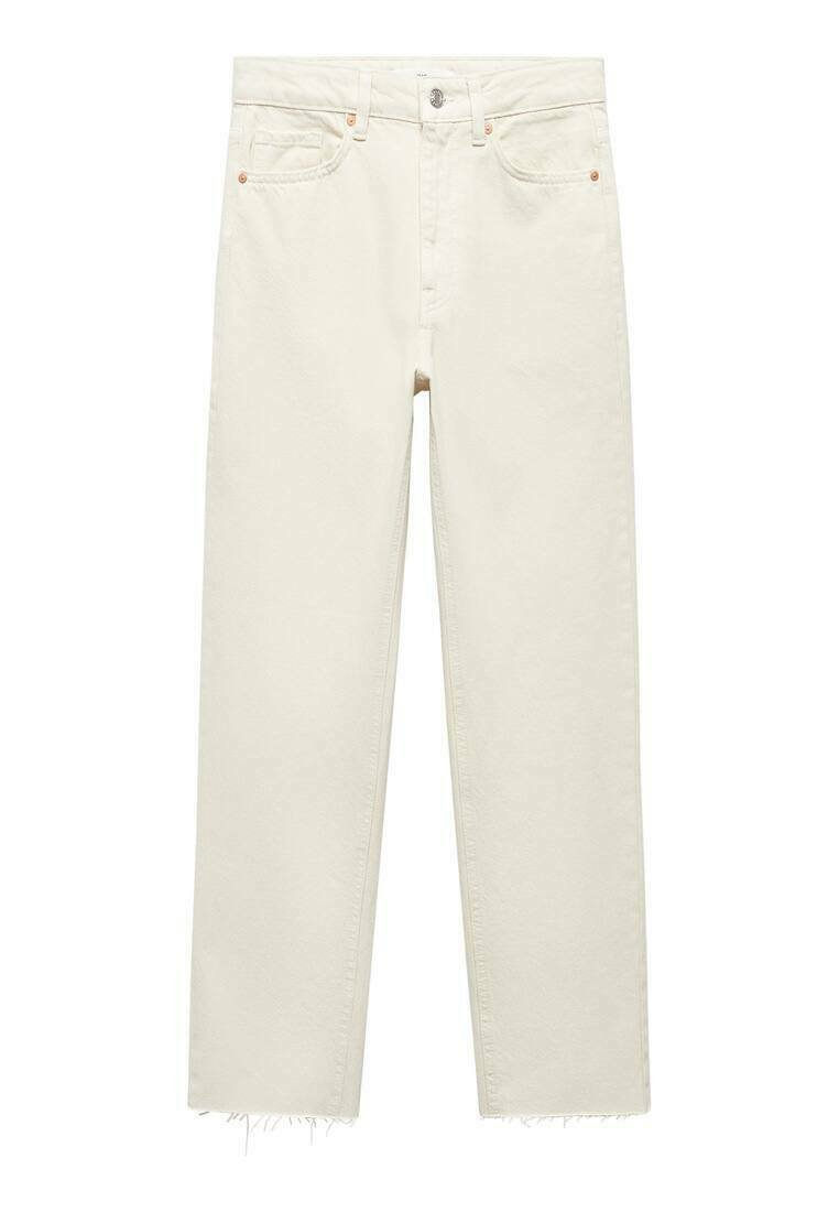 Weiße, hoch taillierte, gerade Jeans aus Denim, mit fransigen Säumen, klassischem Five-Pocket-Design und Akzenten aus kupferfarbenem Metall.