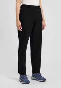 Black, lightweight pants featuring a straight leg design, side zip pockets, and a smooth texture, paired with blue sneakers.