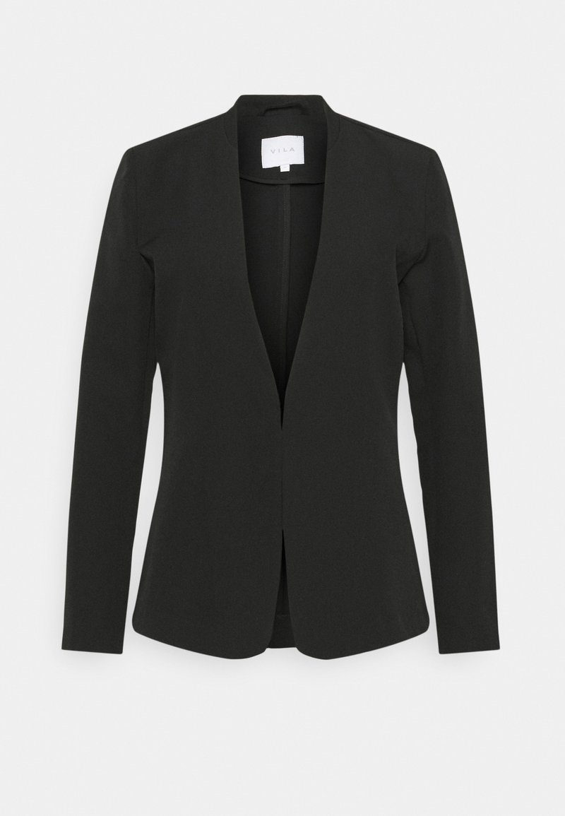 Blazer noir pour femme, ajusté, manches longues, devant ouvert et légère évasement aux hanches, présenté sur un fond gris neutre.
