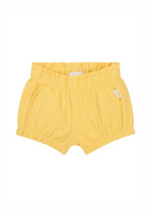 Shorts en coton jaunes avec une taille élastique, des détails froncés et des poches latérales. Ils possèdent une texture douce et une coupe décontractée.