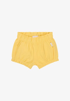Geel katoenen shorts met een elastische tailleband, gathered details en zijzakken. Heeft een zachte textuur en een relaxte pasvorm.