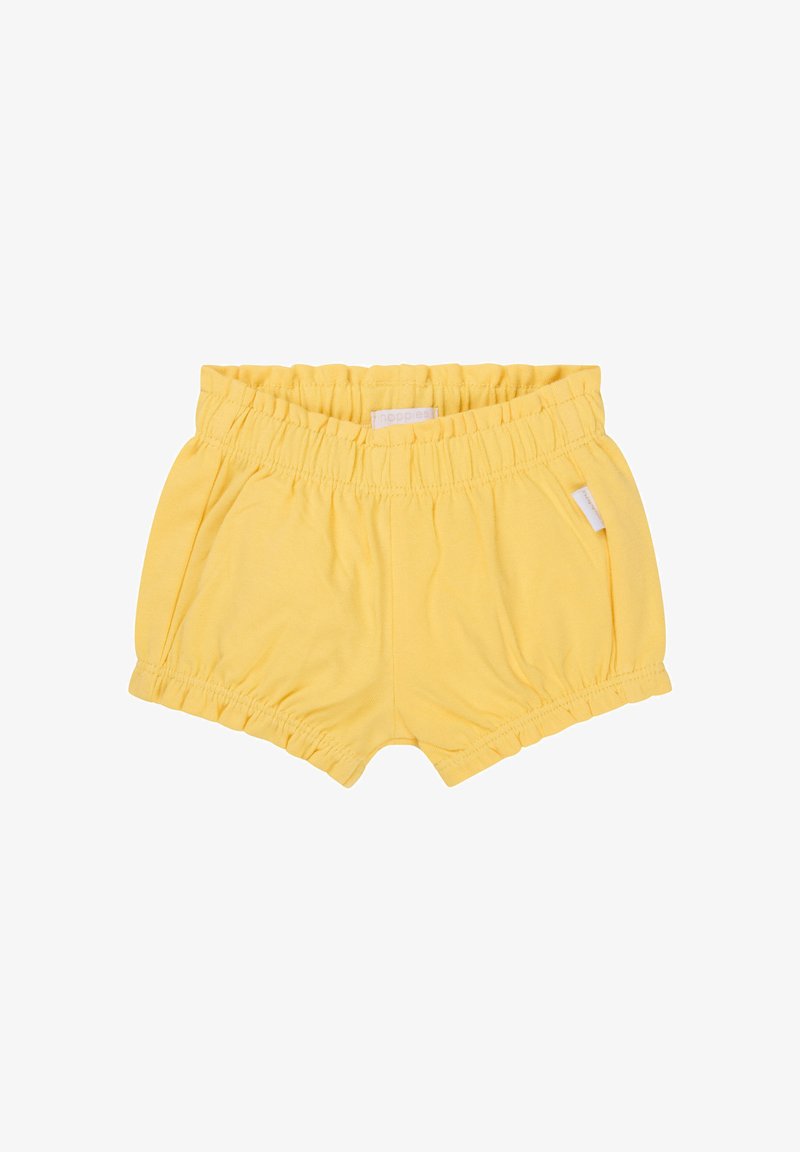 Żółte bawełniane szorty z elastycznym paskiem, z detalami w formie marszczenia oraz bocznymi kieszeniami. Charakteryzują się miękką fakturą i luźnym krojem.
