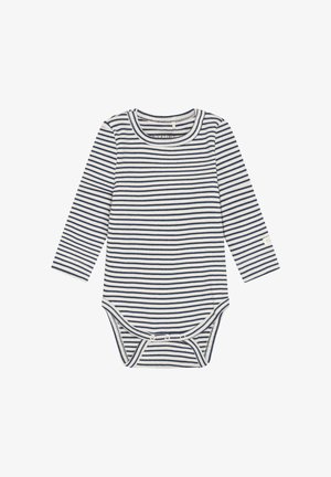 Langärmliger Baby-Body in Marineblau und Weiß gestreift, aus weicher Baumwolle, mit Rundhalsausschnitt und Druckknöpfen am unteren Saum.