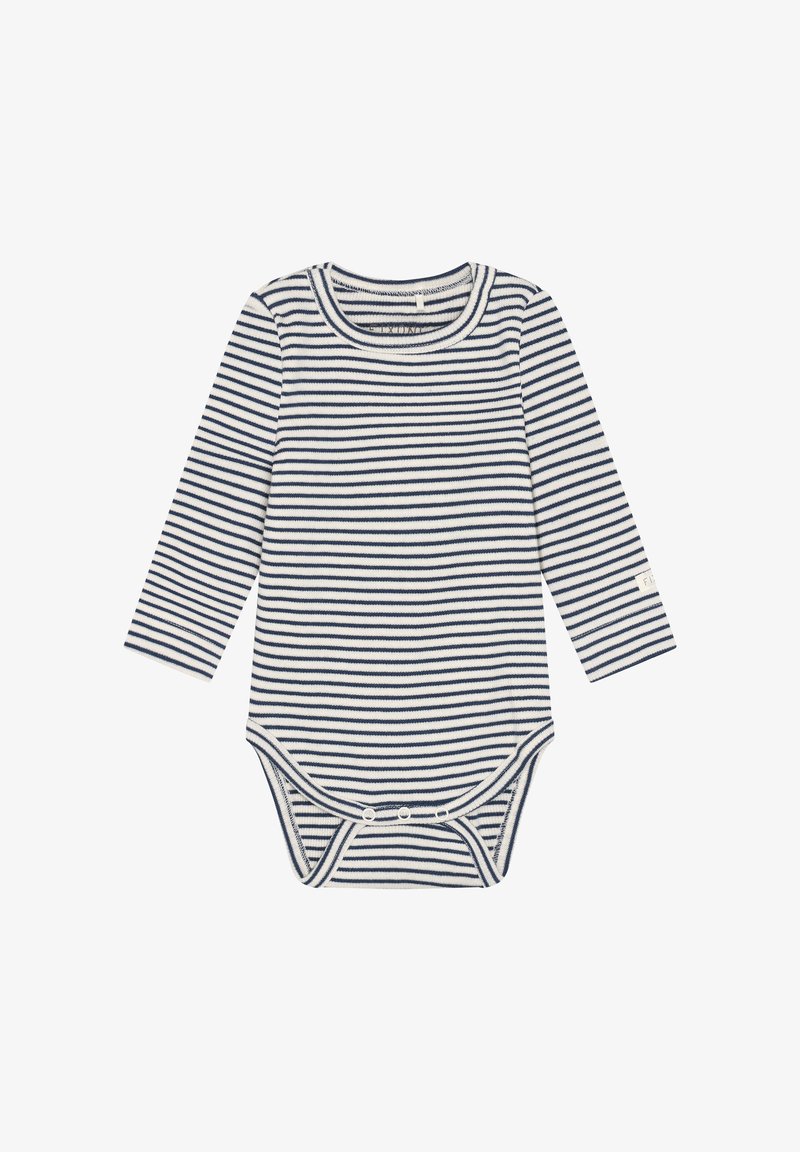 Body niemowlęce z długim rękawem w granatowo-białe paski, wykonane z miękkiej bawełny, z okrągłym dekoltem i zatrzaskami na dole.